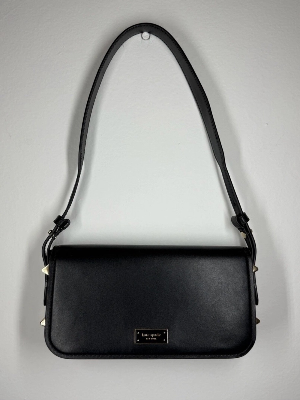 kate spade Black Leather Shoulder Bag with Gold Stud Accents
